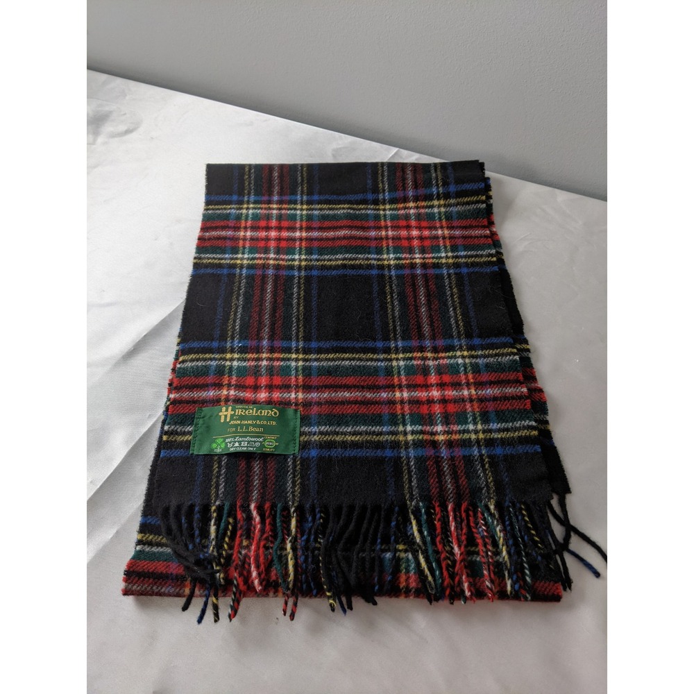 LL Bean John Hanly Ireland Lambswool Scarf Black Plaid Tartan Fringed 12x66